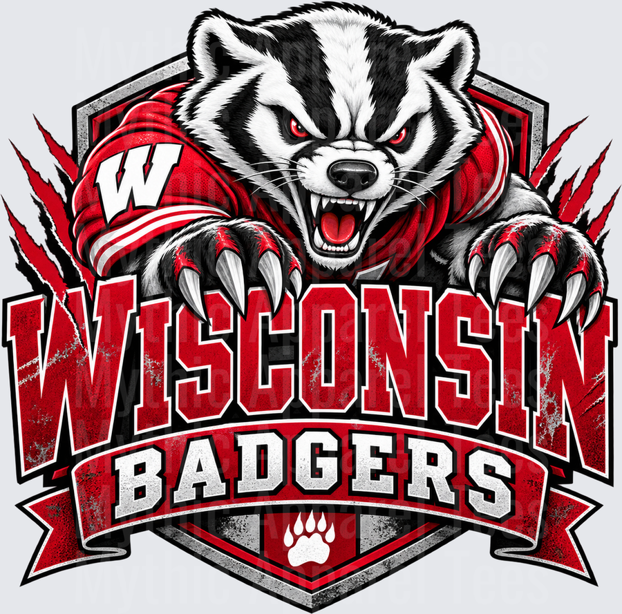 Football Wisconsin Badgers Fierce Mascot Badger Claws Shield Logo in Red and White