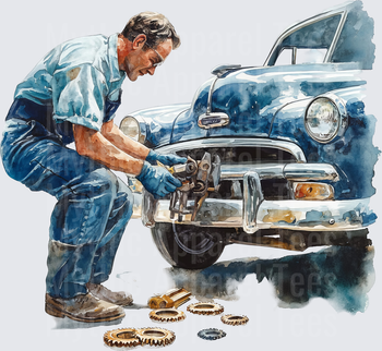 Watercolor Mechanic Working on Classic Vintage Blue Car with Gears and Tools