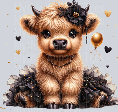 Cute Highland Cow Baby Black and Gold Flower Balloons DTF Precious Highland Cow Transfers