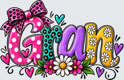 Names For Grandma Gran Colorful Polka Dot Leopard Print Floral Letters with Pink Bow and Daisy Flowers