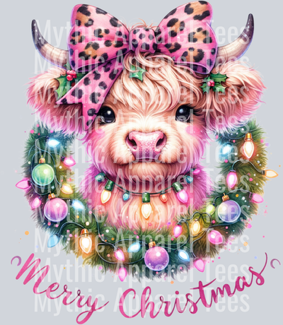 Merry Christmas Highland Cow with wreath and lights