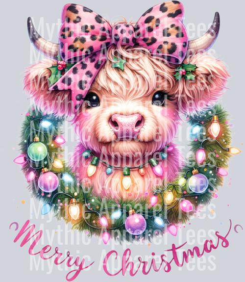 Merry Christmas Highland Cow with wreath and lights