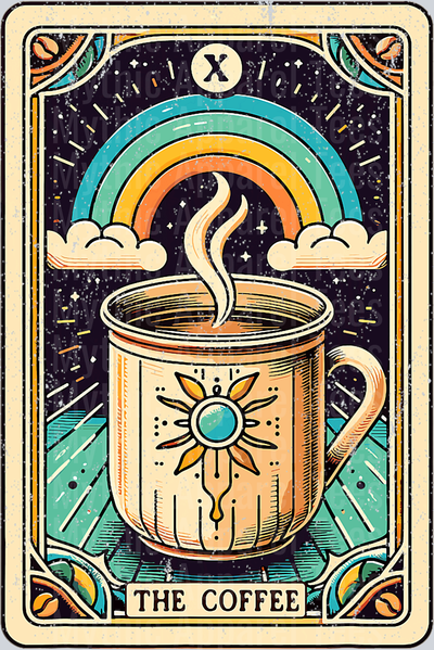 The Coffee Tarot Card rainbow and cup DTF Coffee Transfers