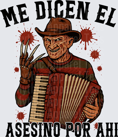 Freddy Krueger Playing Accordion with Claw Glove Blood Splatter Me Dicen El Asesino Por Ahi Spanish Nightmare on Elm Street