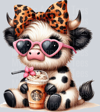 Boujee Highland Cow with Coffee from Starbucks DTF Adorable Highland Cow Transfers