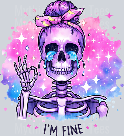 Im fine crying skull girl with shimmer and pastel color background DTF Skull Transfers