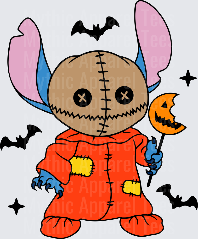 Stitch Dressed as Sam from Trick 'r Treat Halloween Costume with Jack-o-Lantern Lollipop and Flying Bats