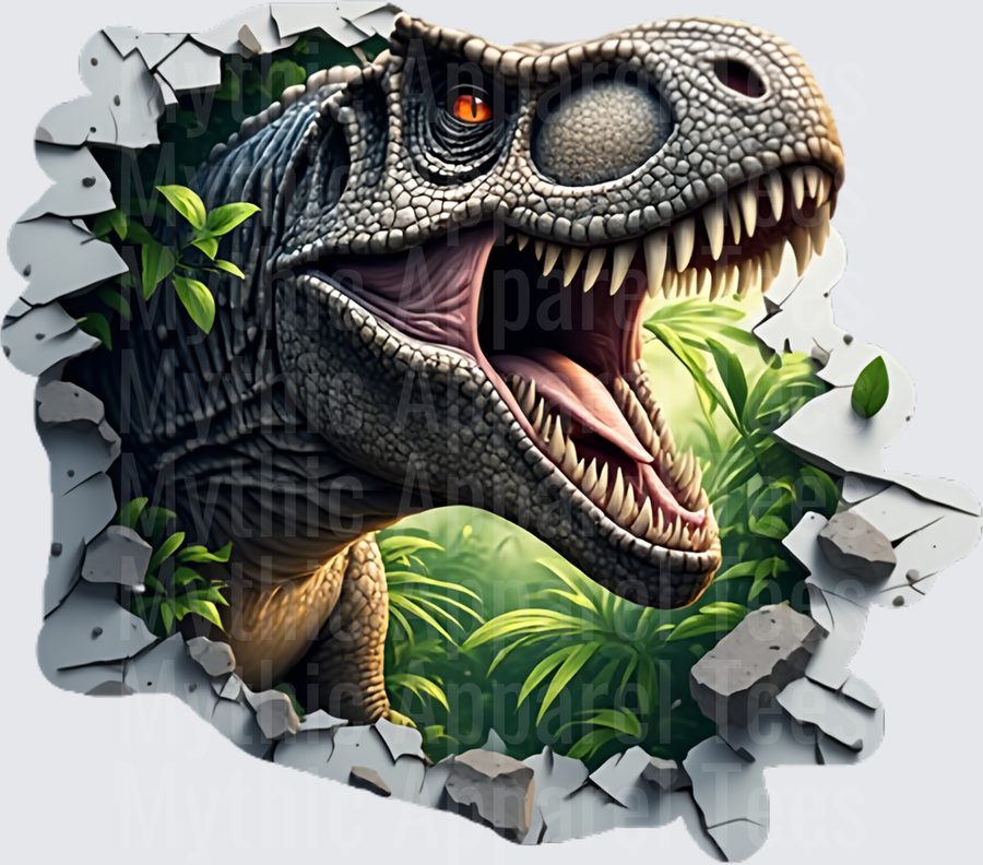 Ferocious T-Rex Bursting Through Cracked Wall Jungle Breakout