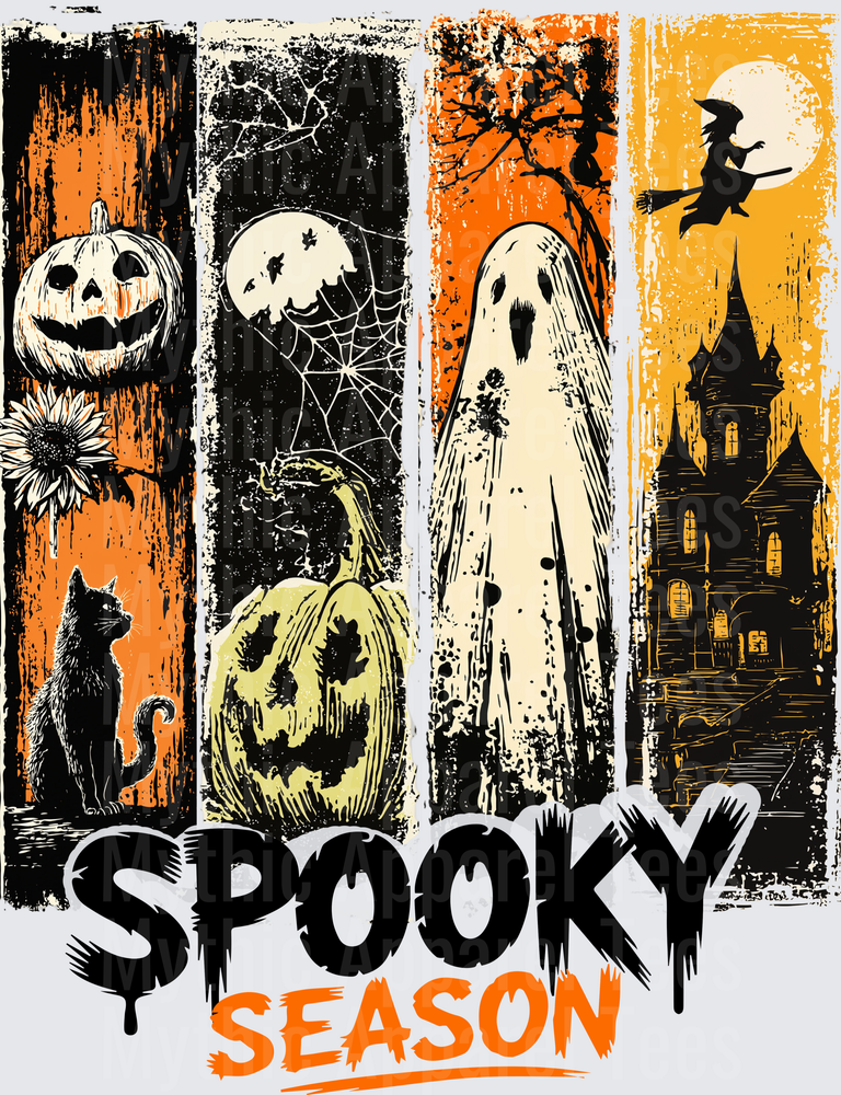 Distressed Halloween Spooky Season Four Panel Design with Jack-o-Lantern Black Cat Ghost Witch Haunted Mansion and Spider Web