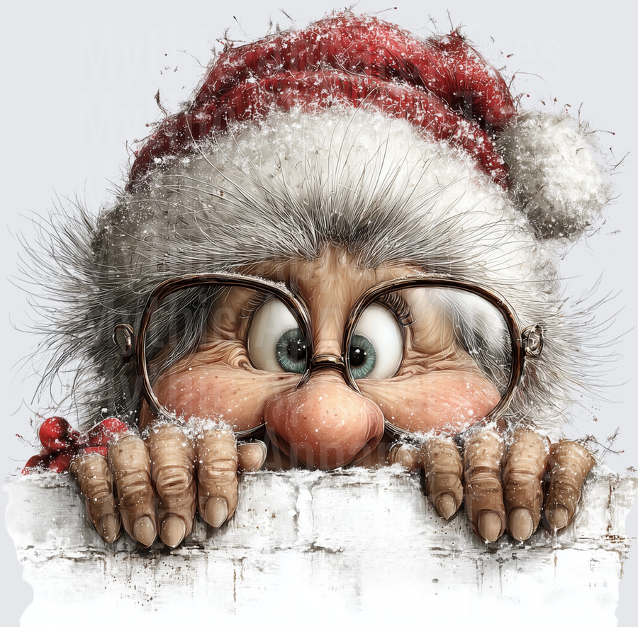 Funny Christmas Troll Peeking Over Ledge With Santa Hat and Glasses Snowy Holiday Gnome