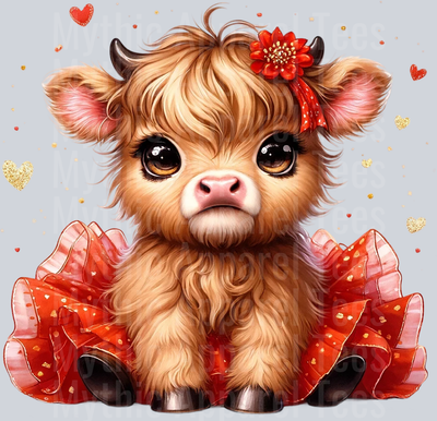 Cute Highland Cow Baby Gold and red hearts with flower and tutu DTF Precious Highland Cow Transfers