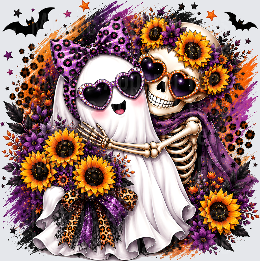 Halloween Cute Ghost and Skeleton BFFs Sunflowers Leopard Bow