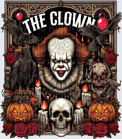 The Clown Pennywise IT Horror Gothic Frame with Ravens Red Balloons Skulls Jack-o-Lanterns Candles and Roses Halloween