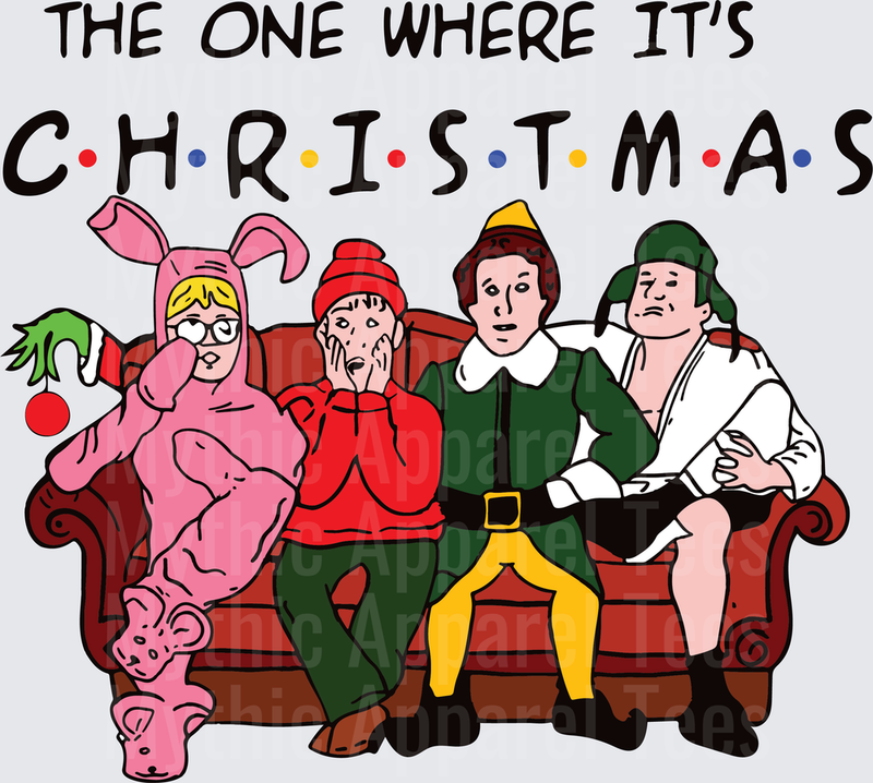 The One Where It's Christmas Friends Style Couch Scene with Ralphie Bunny Suit Kevin McCallister Buddy the Elf and Clark Griswold