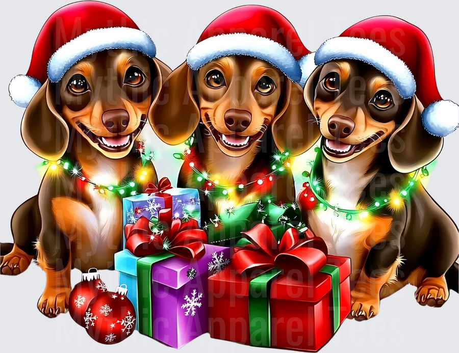 Three Smiling Dachshunds in Santa Hats with Christmas Lights and Holiday Gifts
