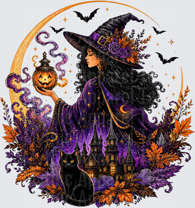 Halloween Witch Black Cat Haunted Castle Crescent Moon Design