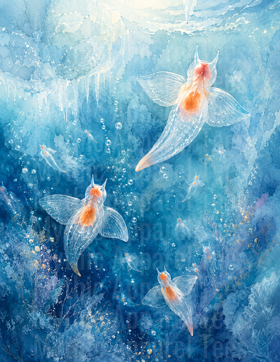 Ocean Animals Translucent Goldfish Watercolor Underwater Scene