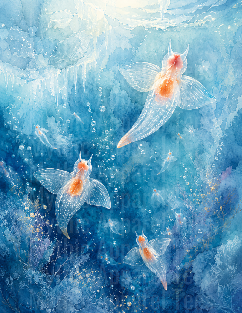 Ocean Animals Translucent Goldfish Watercolor Underwater Scene