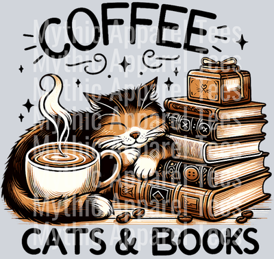 Coffee Cats and Books DTF Coffee Transfers