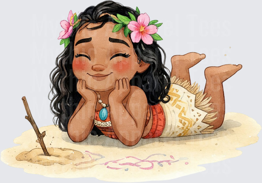 Moana Dreaming on the Beach Watercolor Chibi Art