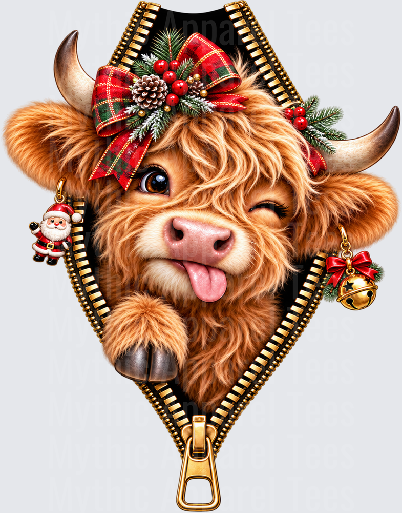 Cute Winking Christmas Highland Cow Peeking Through Gold Zipper With Plaid Bow Pine Cones Holly Santa Charm And Jingle Bell