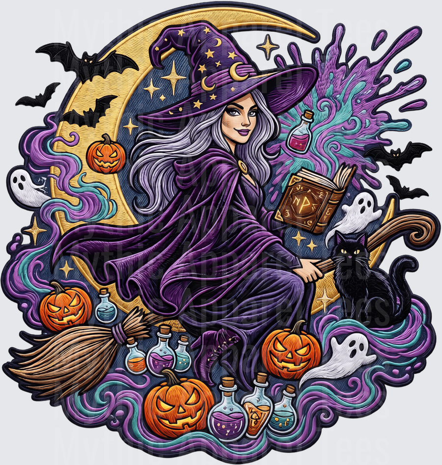 Halloween Witch on Broomstick with Black Cat Crescent Moon