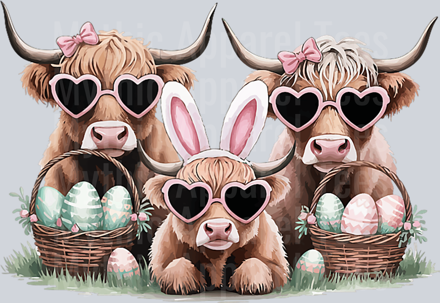 Easter Highland cow with eggs and ears DTF Highland Cow Transfers