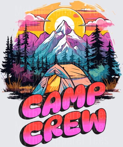 Camp Crew Retro Sunset Mountain Tent Pine Forest Camping Graphic