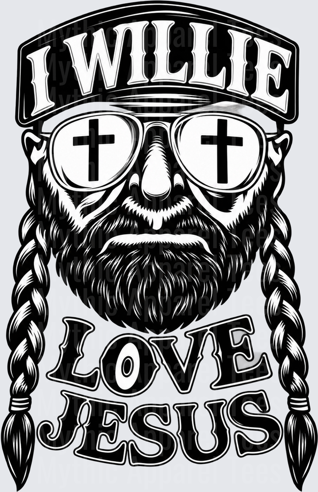 I Willie Love Jesus Willie Nelson Inspired Bearded Face With Braids Sunglasses Cross Reflection Christian Country Music