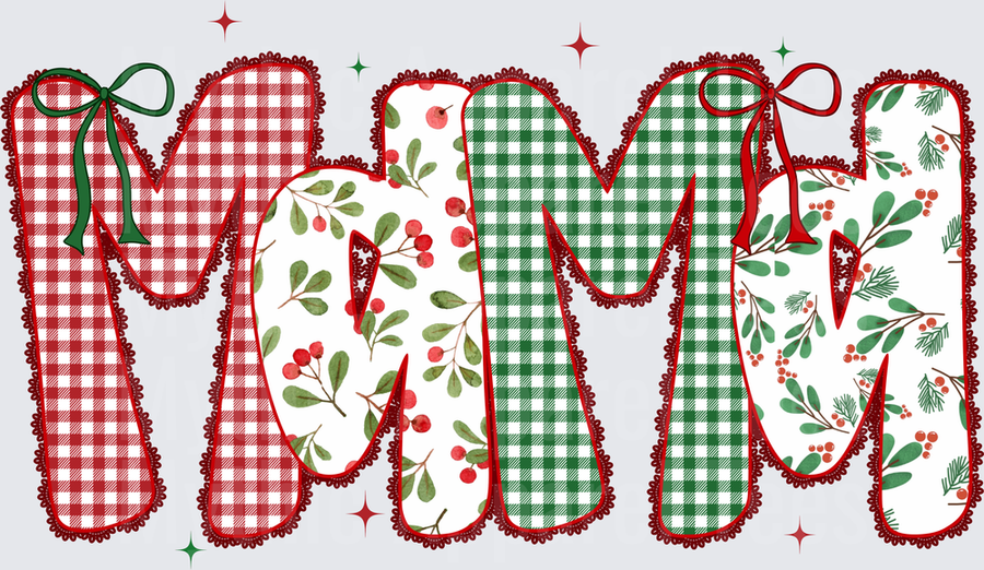 Christmas MaMa Applique Style Letters with Red Gingham Green Plaid Holly Berry and Festive Ribbon Bows