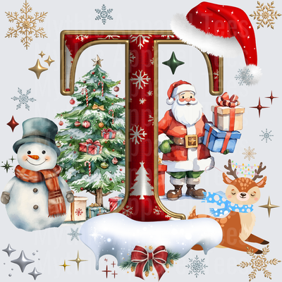 Christmas Letter T with Santa Claus Snowman Reindeer and Decorated Tree Holiday Monogram