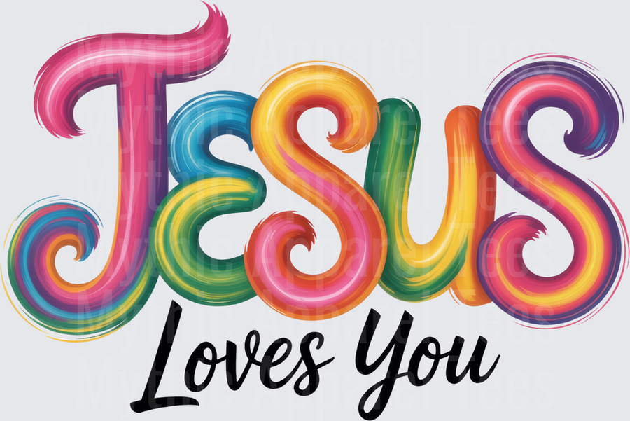 Jesus Loves You Colorful Swirl Rainbow Letter Faith Christian Design