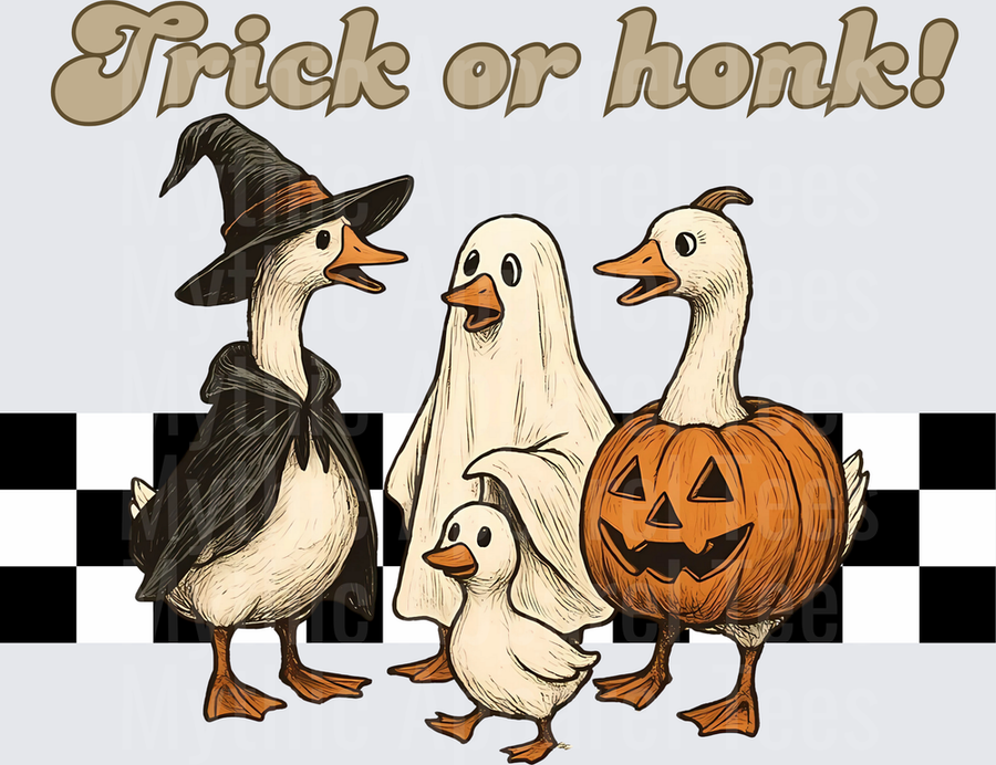 Trick or Honk Halloween Geese in Witch Ghost and Pumpkin Costumes Checkered Background