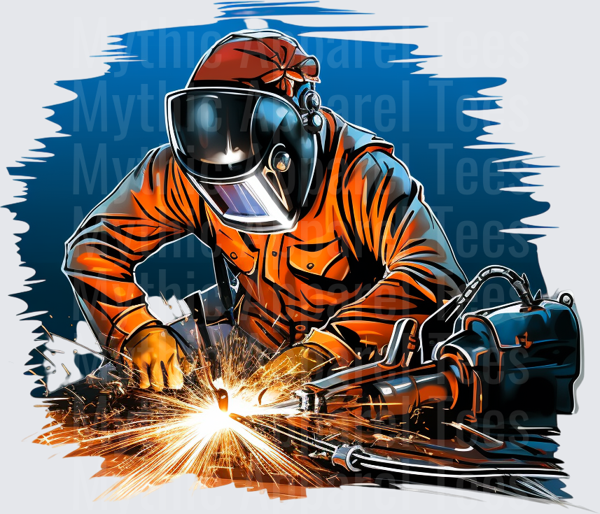 Welder In Orange Coveralls With Welding Helmet Throwing Sparks Comic Style