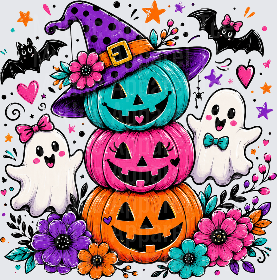 Halloween Stacked Jack-O-Lanterns with Witch Hat Cute Ghosts Bats and Colorful Flowers Kawaii Design