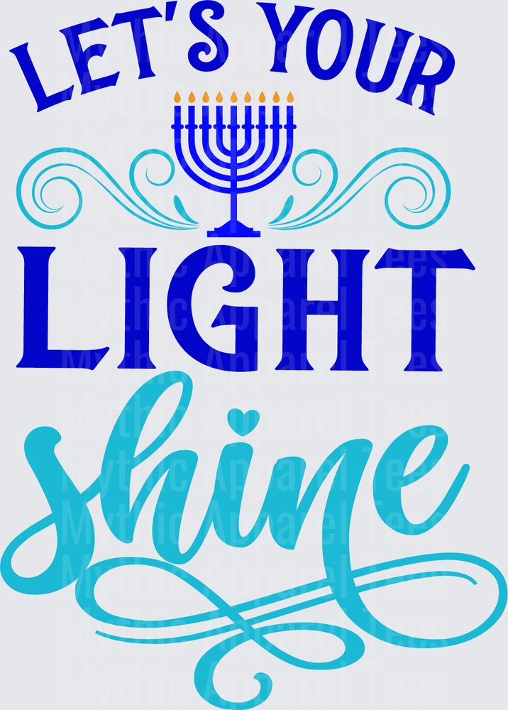 Let's Your Light Shine Hanukkah Menorah Blue and Teal Typography with Decorative Swirls