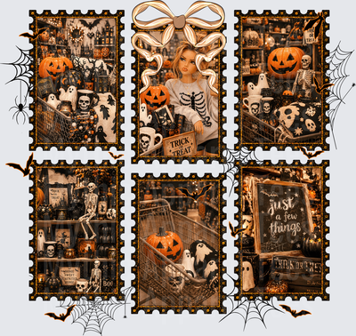 Coquette Halloween Shopping Girl Postage Stamp Collage with Jack-O-Lanterns Skeletons Ghosts Trick or Treat Bow