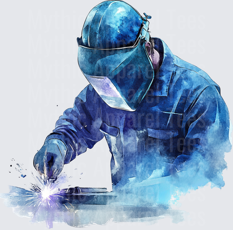 Watercolor Welder with Welding Helmet Sparks Flying Blue Tones Skilled Tradesman