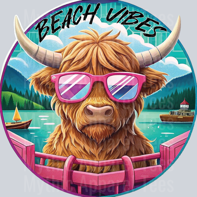 Beach Vibes Highland Cow with glasses on DTF Summer Transfers