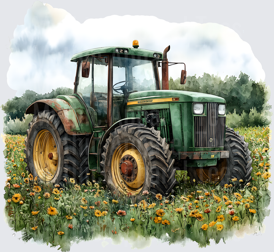 Farm Life and Farm Animals Watercolor Green Tractor Wildflower Field