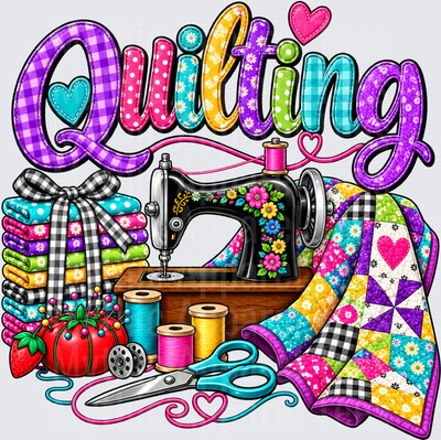 Quilting Colorful Patchwork Design with Vintage Floral Sewing Machine, Stacked Fabric Bundles, Thread Spools, Strawberry Pin Cushion, and Scissors
