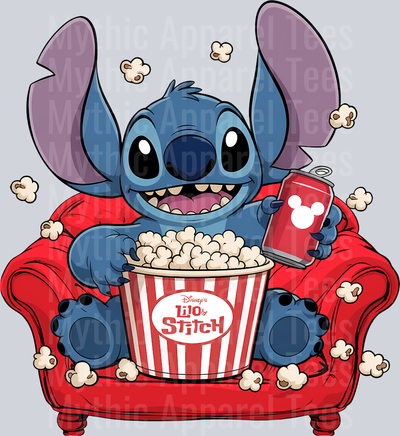 Stitch watching movie with popcorn DTF Lilo and Stitch Transfers