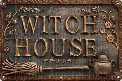 Vintage Embossed Bronze Witch House Sign with Broomstick Cauldron and Floral Vine Details