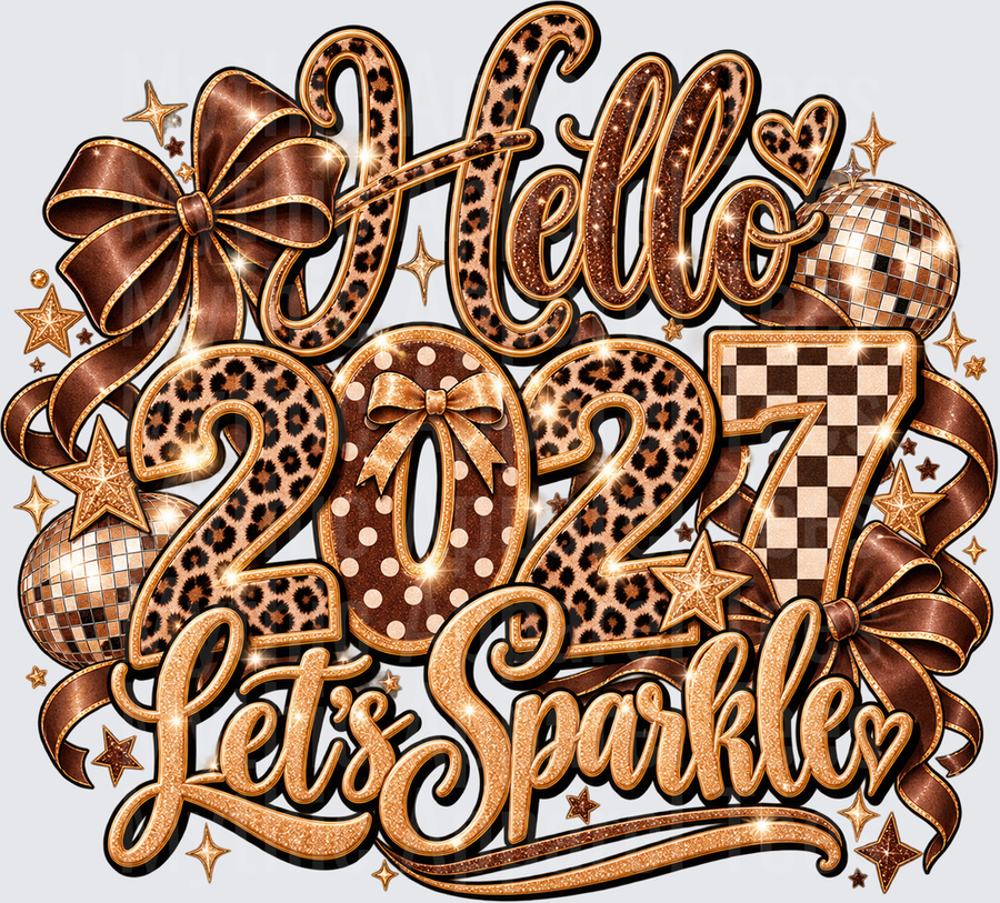 Hello 2027 Let's Sparkle New Year Leopard Print Disco Ball Glitter Brown Bow Design