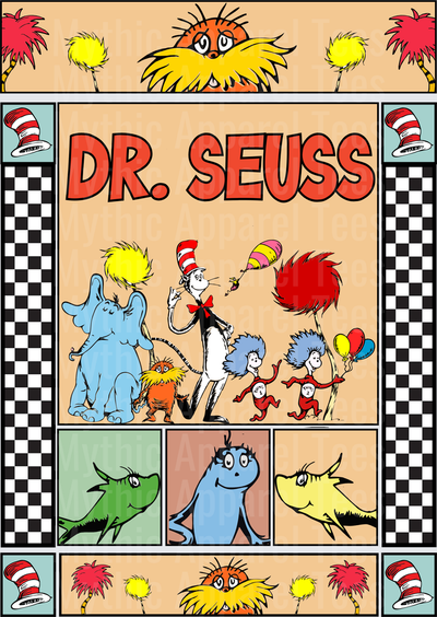Dr. Seuss Character Collage featuring The Cat in the Hat, Horton, The Lorax, Thing 1 and Thing 2, The Grinch, and Colorful Truffula Trees with Checkered Border Panel Design