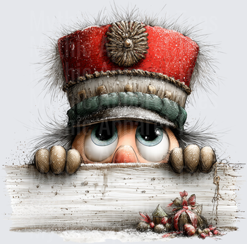 Whimsical Nutcracker Character Peeking Over Ledge with Big Blue Eyes Red Military Hat and Christmas Gifts in Snow