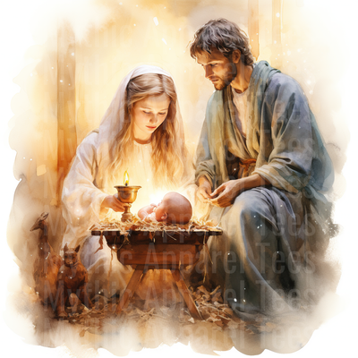 Nativity Scene Mary Joseph Baby Jesus Manger Watercolor Glow