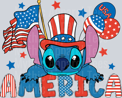 Stitch with Flags and AMERICA American Flag Top hat DTF Patriotic Disney Transfers
