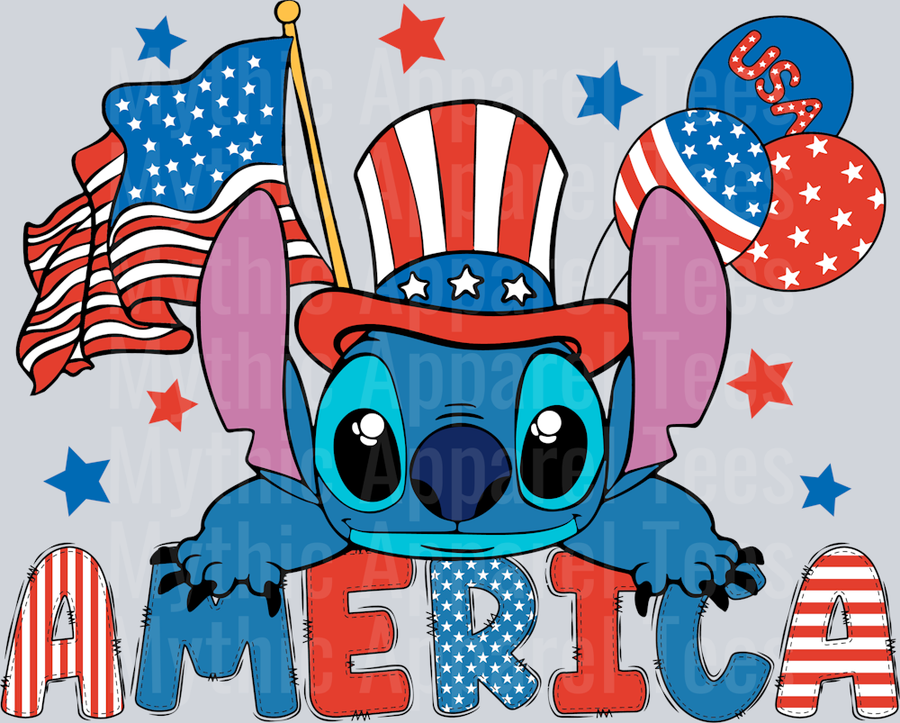 Stitch with Flags and AMERICA American Flag Top hat DTF Patriotic Disney Transfers