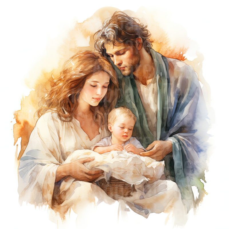 Nativity Holy Family Mary Joseph Baby Jesus Watercolor Art